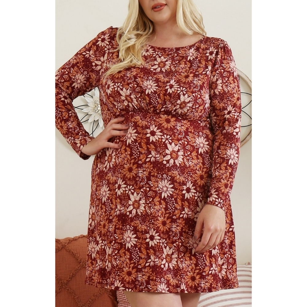 Floral boho brick sunflower boho long sleeve plus size empire waist mini dress